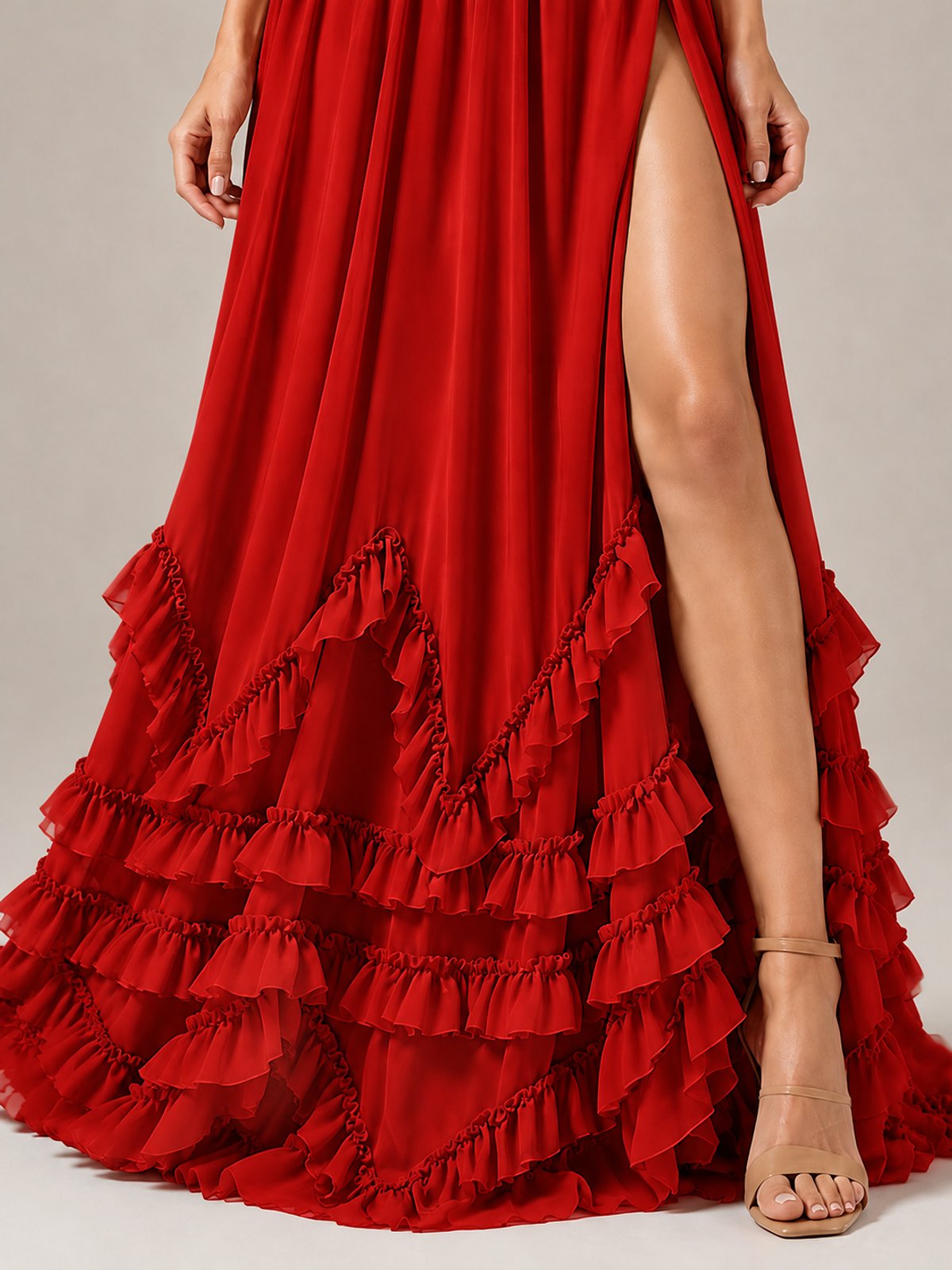Halter V Neck Chiffon Formal Dress with Lace-Up Back and Ruffle Hem