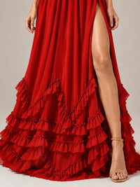 Halter V Neck Chiffon Formal Dress with Lace-Up Back and Ruffle Hem