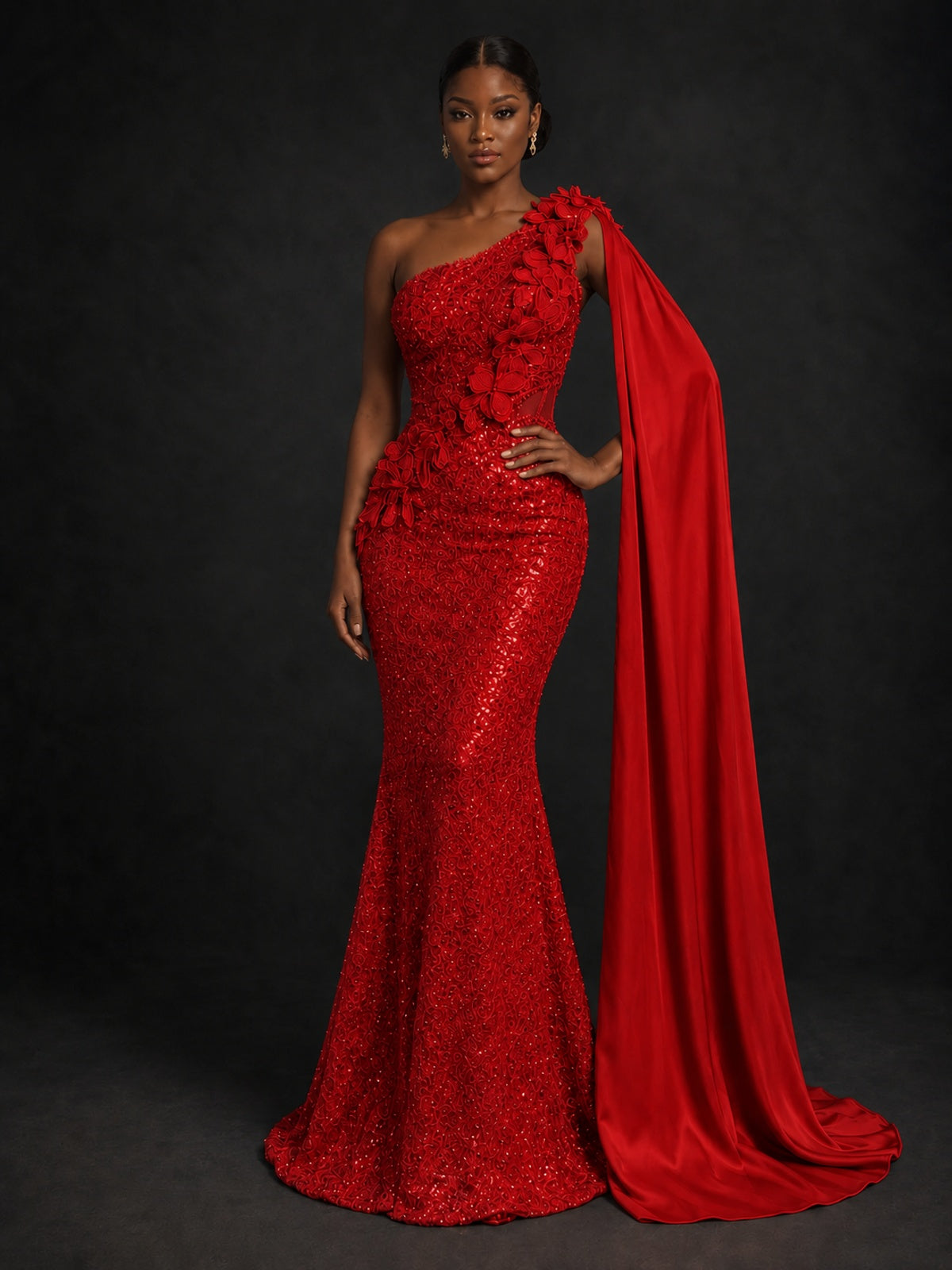 Gold Sequin One Shoulder Mermaid Prom Dress with Cape