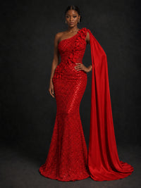 Gold Sequin One Shoulder Mermaid Prom Dress with Cape