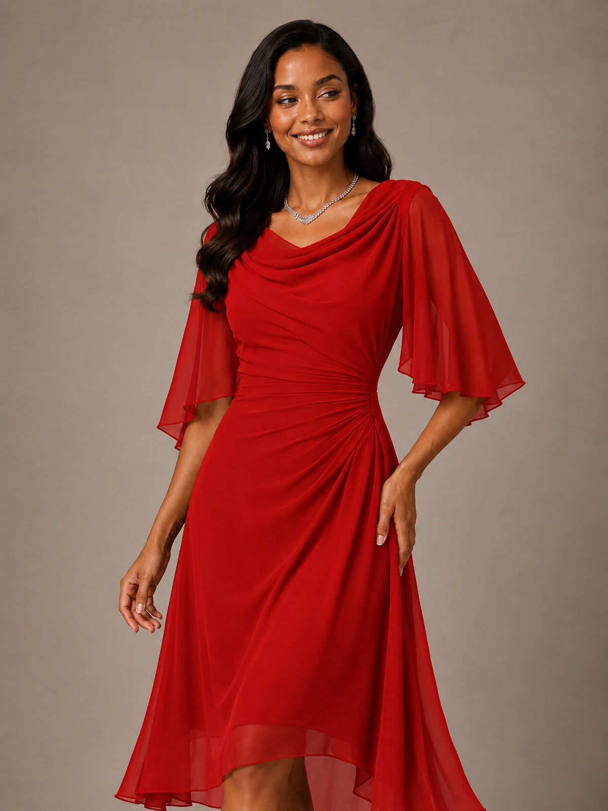 Cowl Neck Ruched Chiffon Mother of the Bride Dresses with Flutter Sleeves