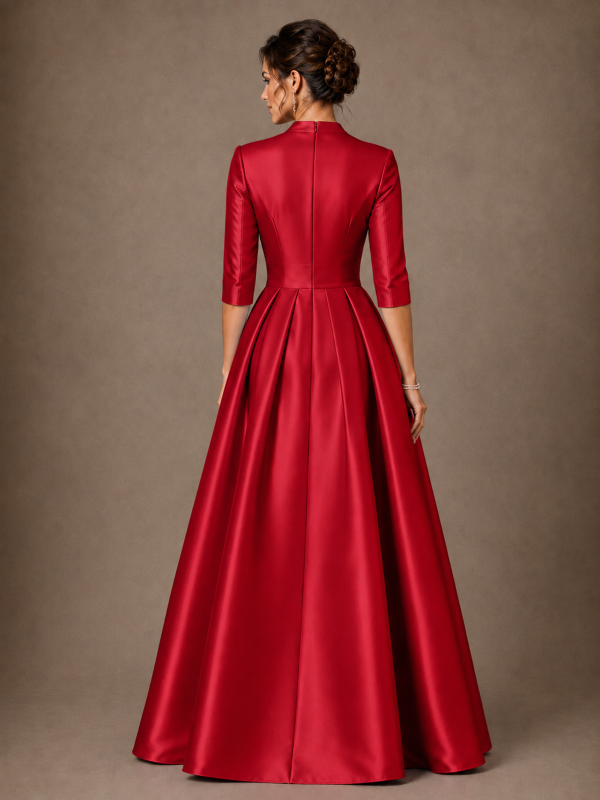 V-Neck Pleated Satin Mother of the Bride Gown with 3/4 Sleeves
