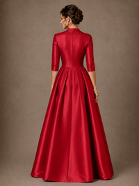 V-Neck Pleated Satin Mother of the Bride Gown with 3/4 Sleeves