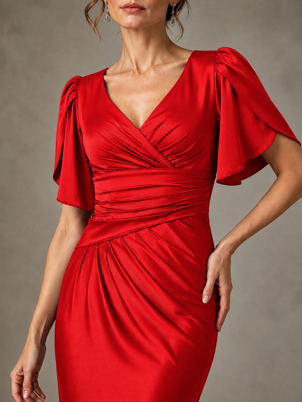 V-Neck Satin Mother of the Bride Dress with Flutter Sleeves