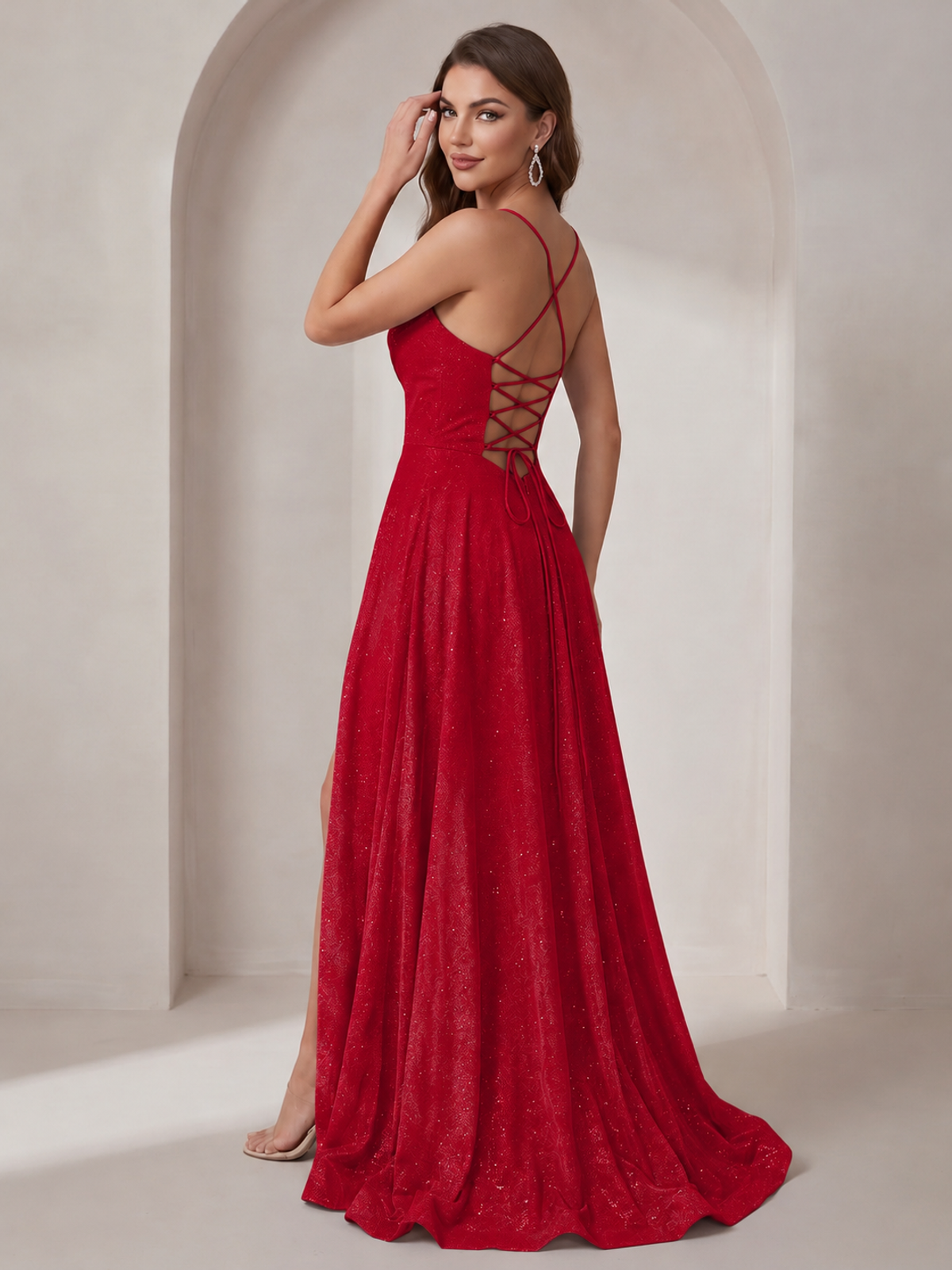 Sparkly Cowl Neck Corset Long Prom Dress with Slit A-line Tulle Ball Gown