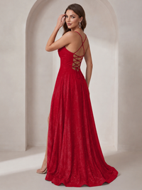 Sparkly Cowl Neck Corset Long Prom Dress with Slit A-line Tulle Ball Gown