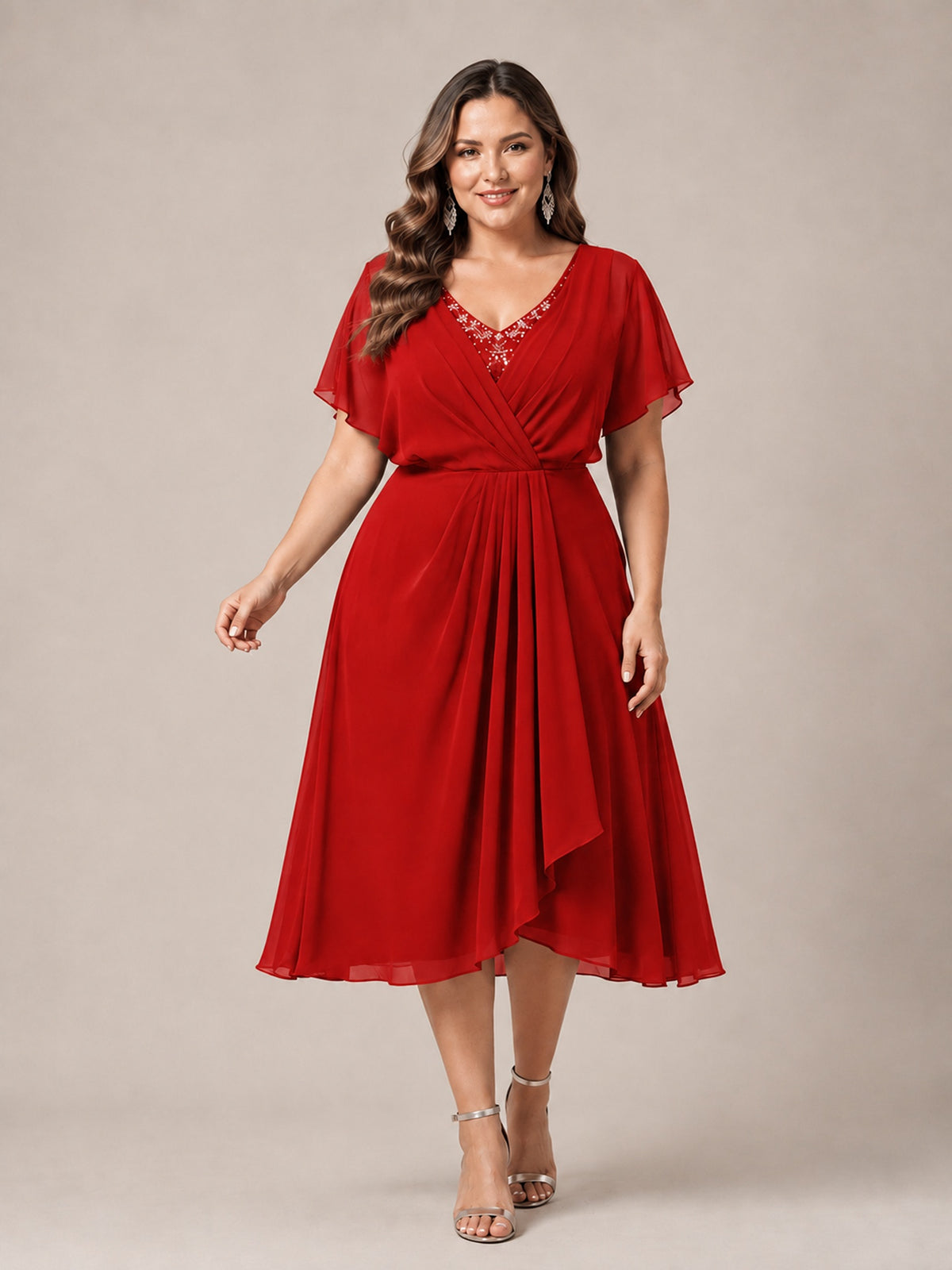 Navy Blue A-Line V-Neck Tea-Length Mother of the Bride Dress