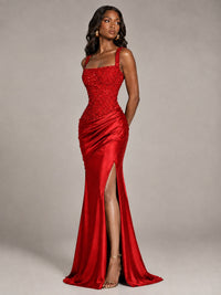 Scoop Neck Sequin Prom Dress with High Slit Satin Formal Gowns
