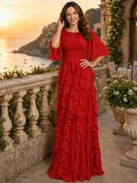 Elegant Chiffon Mother of the Bride Dress with Flutter Sleeves and Ruffle Skirt