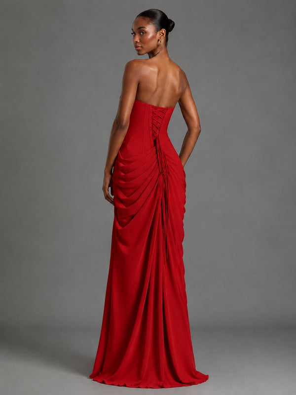 Strapless Bodycon Pleated Chiffon Formal Dress with Slit
