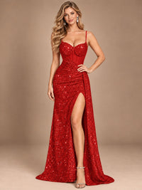 Burgundy Sequin Corset Prom Dress with High Slit