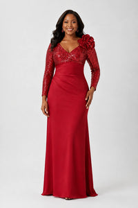 Sequin Mother of the Bride Dress with Long Sleeves 3D Floral V-Neck Gown