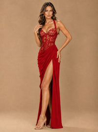 Sweetheart Halter Prom Dress Pleated Lace Floral Formal Dress with Slit