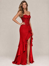 Strapless Lace Appliques Corset Satin Prom Dress Ruffle Slit Evening Gown