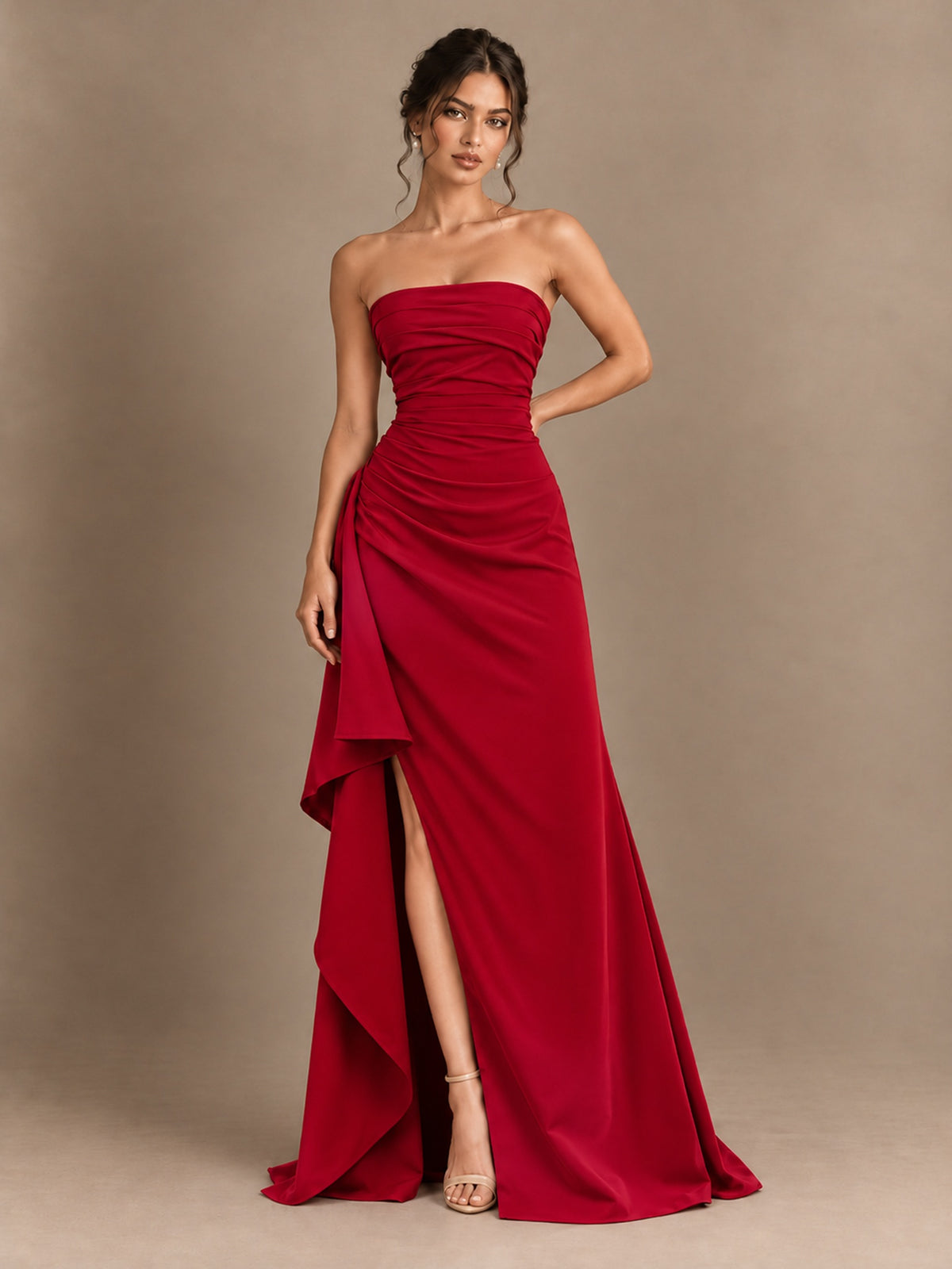 Black and White Strapless Ruched Prom Dress with High Slit & Side Drape