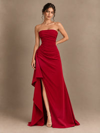Black and White Strapless Ruched Prom Dress with High Slit & Side Drape