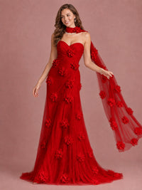 Blush Pink Strapless Sweetheart 3D Floral Tulle Mermaid Prom Dress