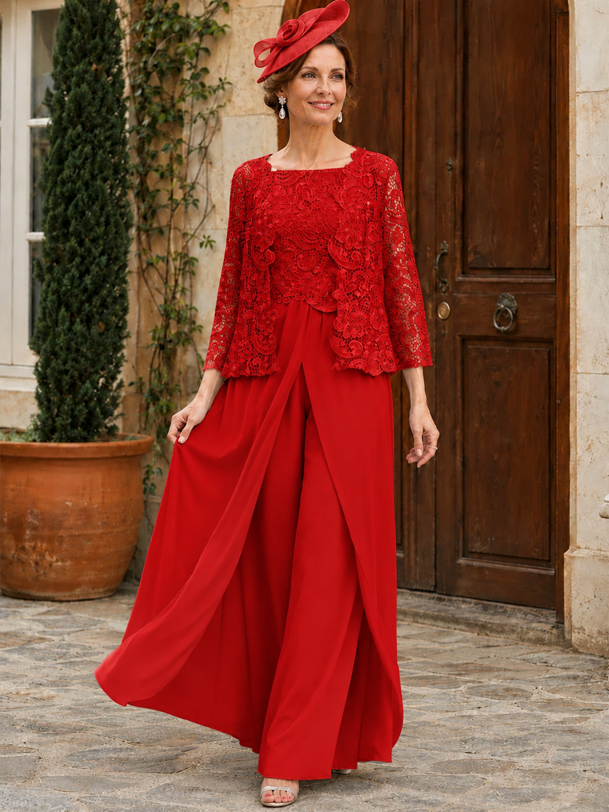 Elegant 3-Piece Chiffon Mother of the Bride Pantsuit with Floral Applique Jacket