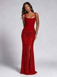 Sequin Corset Mermaid Prom Dress with Square Neck Wide Strap High Slit