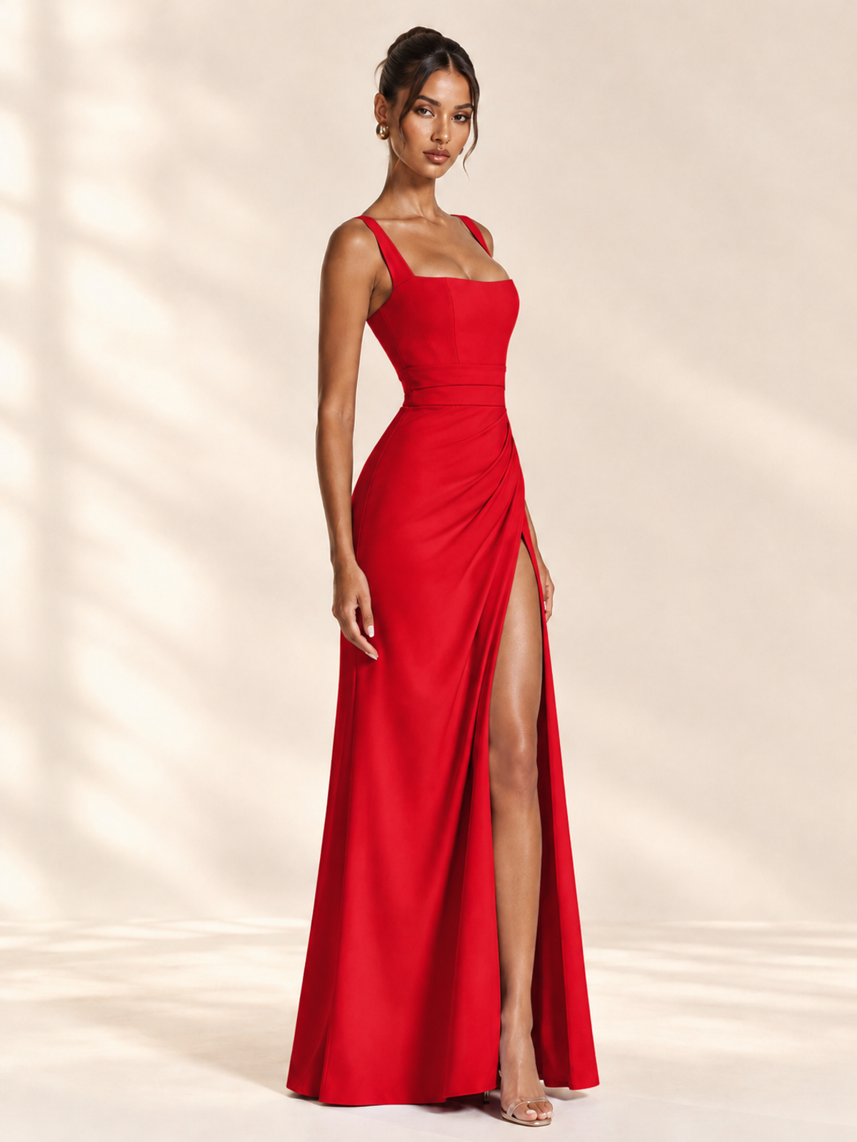 Square Neck Satin Sleeveless Ruched Prom Dress with High Slit
