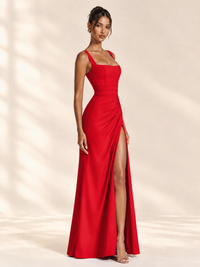 Square Neck Satin Sleeveless Ruched Prom Dress with High Slit