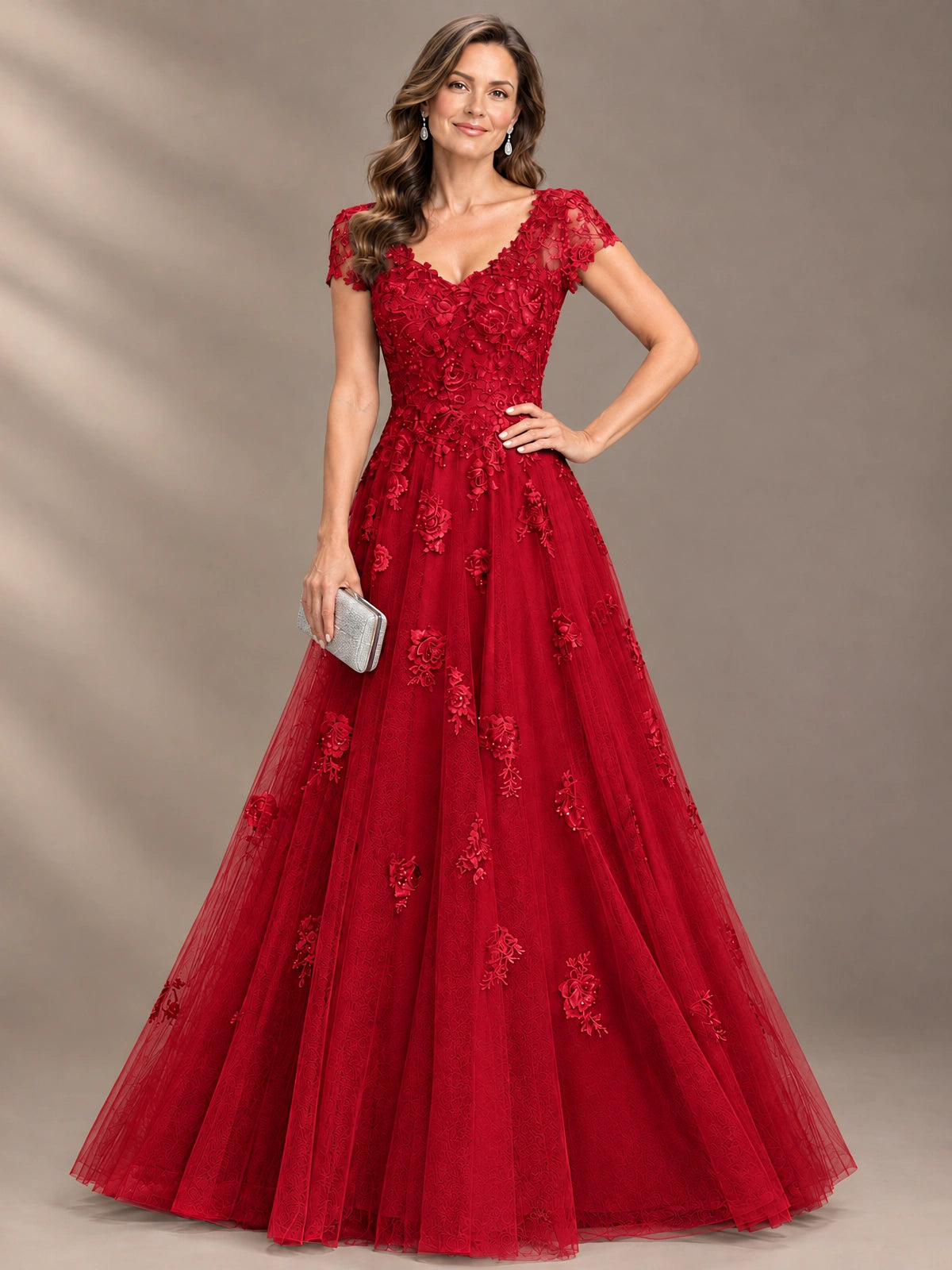 Lace Appliques A-line Mother of The Bride Dresses with Short Sleeves