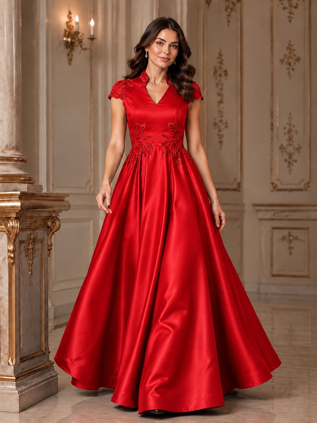 Lace Appliqué A-Line Satin Maxi Dress
