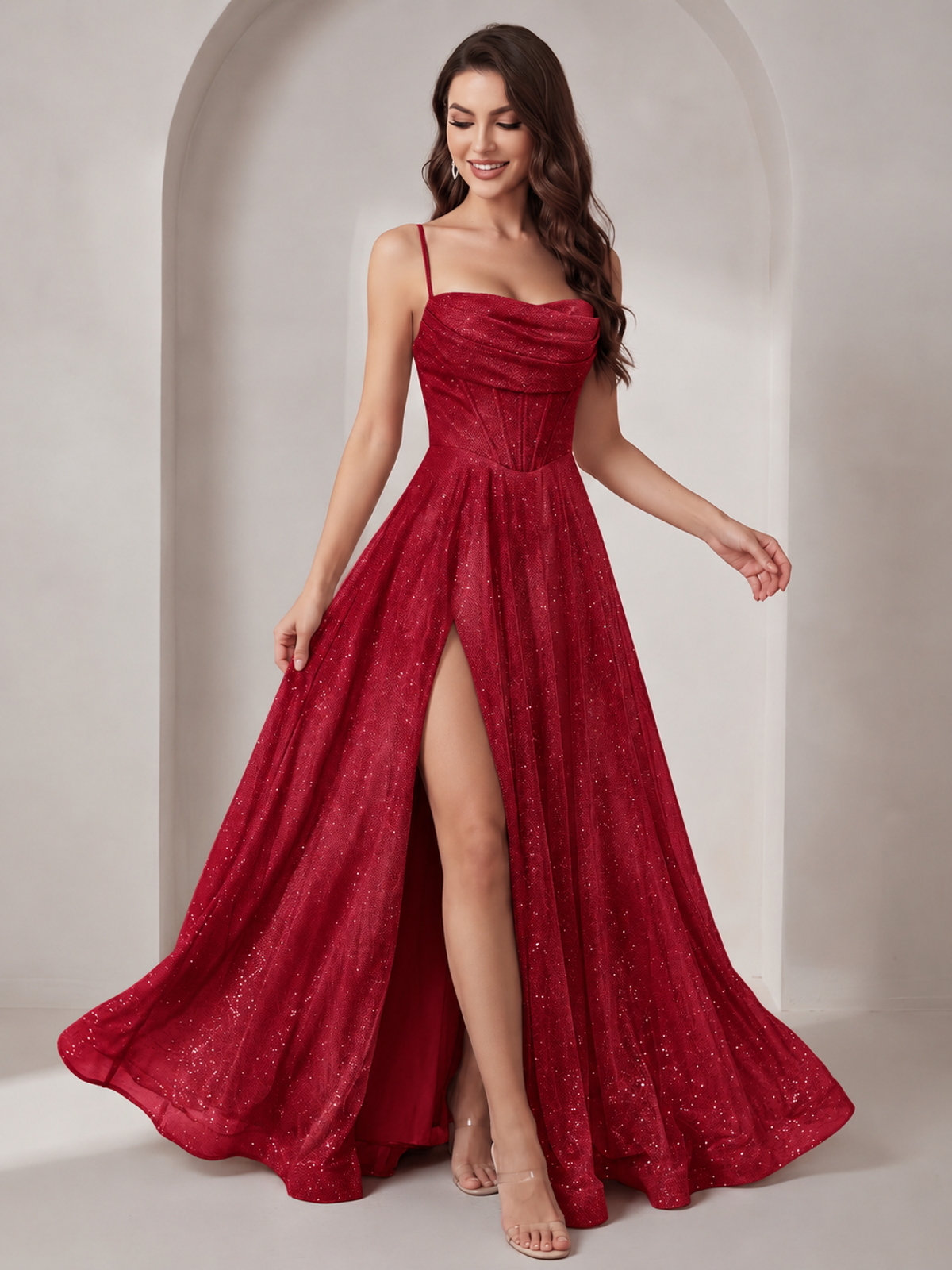 Sparkly Cowl Neck Corset Long Prom Dress with Slit A-line Tulle Ball Gown