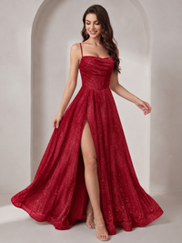 Sparkly Cowl Neck Corset Long Prom Dress with Slit A-line Tulle Ball Gown