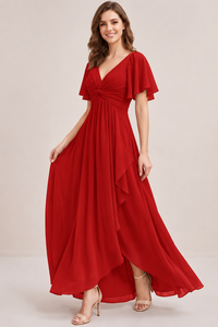 Dusty Blue Chiffon Bridesmaid Dress with Flutter Sleeves & High-Low Hem