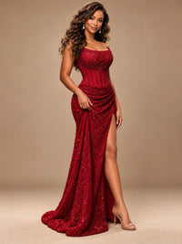 Gold Sequin Strapless Corset Prom Dress with High Slit