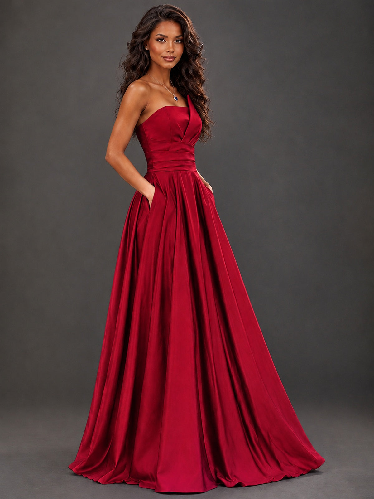 Draped Satin Prom Dress Strapless A-line Formal Dress Floor Length