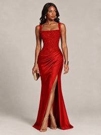 Scoop Neck Sequin Prom Dress with High Slit Satin Formal Gowns