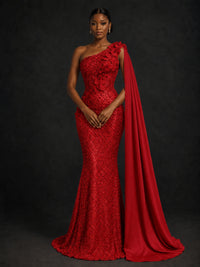 Gold Sequin One Shoulder Mermaid Prom Dress with Cape