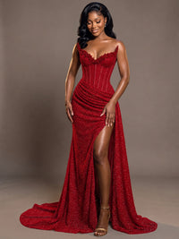 Luxury Strapless Sequin Corset Mermaid Prom Dress with High Slit & Train
