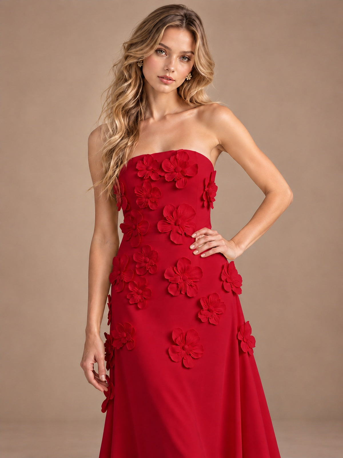 Yellow Strapless A-line Satin Maxi Dress with 3D Floral