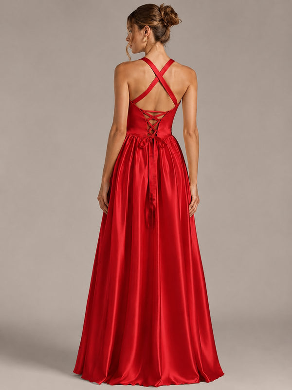 Halter Neck Satin A-Line Maxi Dress with Pockets