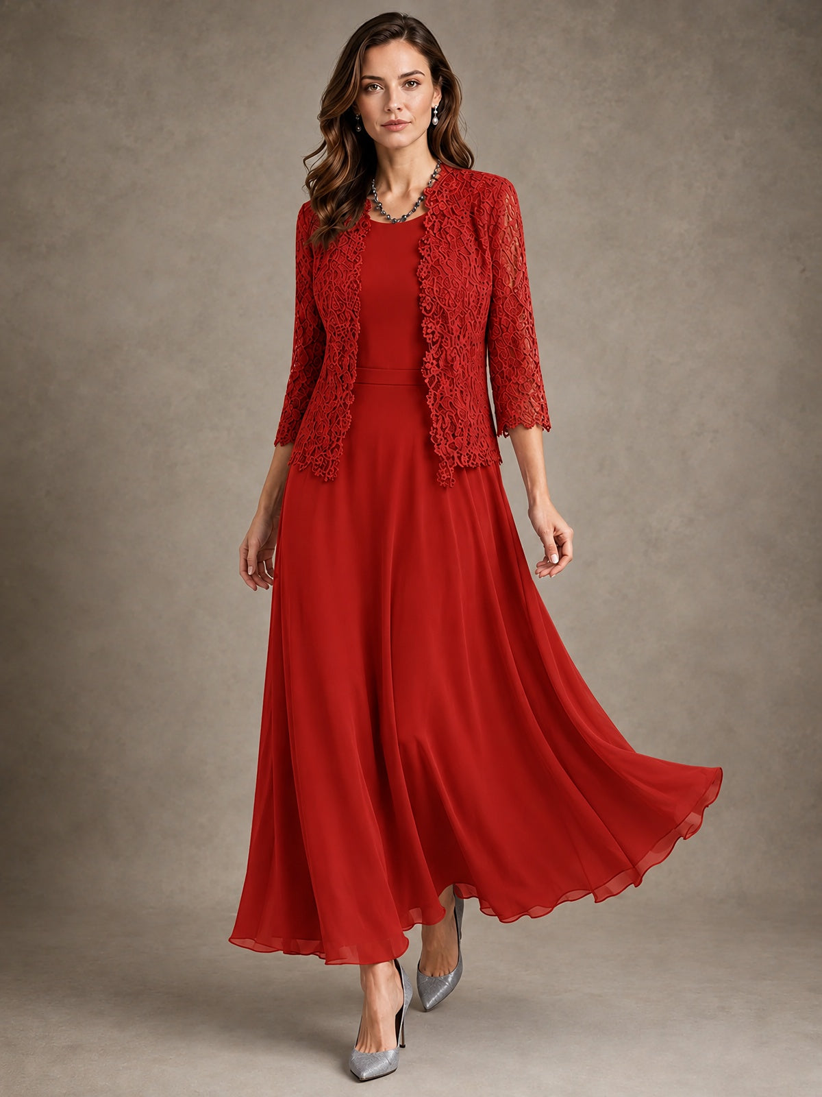 2-Piece Chiffon Mother of the Bride Dress with Lace Jacket
