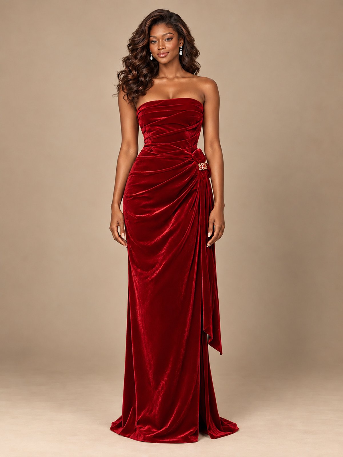 Burgundy Velvet Strapless Ruched Prom Dress with Jeweled Side Drape