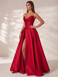 Strapless Corset Satin Prom Dress Long Evening Gown with High Slit