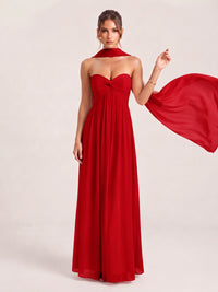 Strapless Ruched Chiffon Long Prom Dress with Scarf