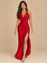 Halter V-Neck Sequin Mermaid Prom Dress with High Slit