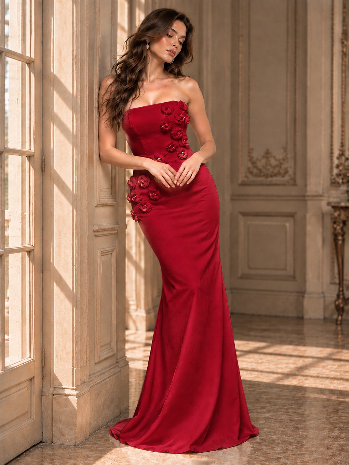 White Strapless Mermaid Maxi Dress with 3D Floral Appliques