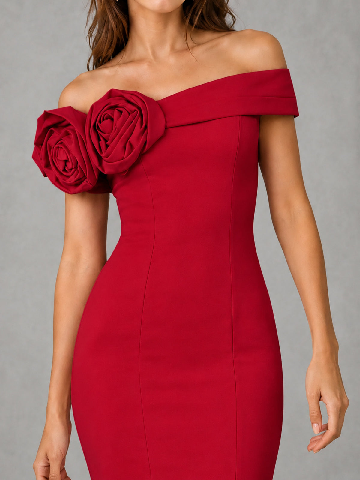 Blush Pink Off Shoulder Mermaid Bridesmaid Dress with Floral Rosette