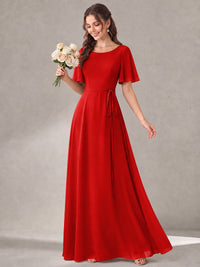 Scoop Neck A-line Chiffon Bridesmaid Dress with Flutter Sleeve & Belt