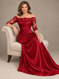 Satin Mother of the Bride Dress with Lace Sleeves Off Shoulder Formal Gown