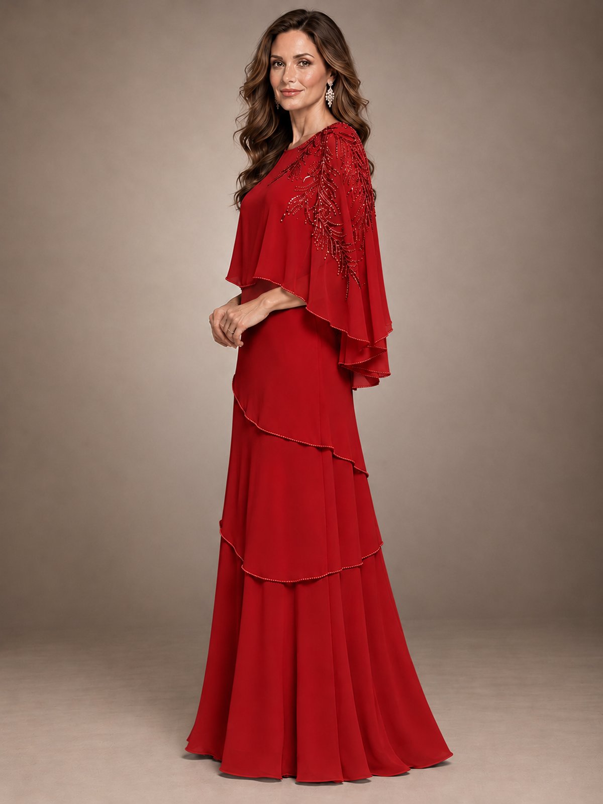 Elegant Chiffon Cape Sleeve Beaded Mother of the Bride Dress