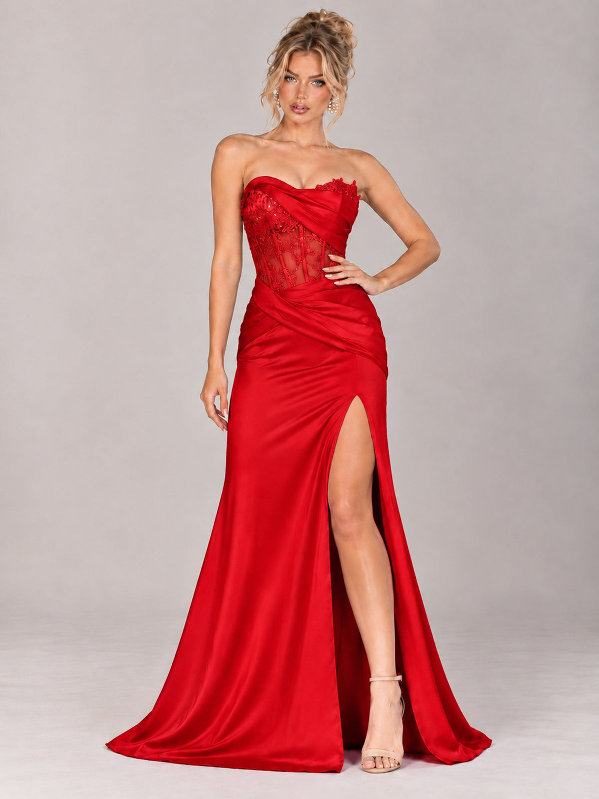 Strapless Satin Prom Dress with Sheer Lace Corset & High Slit