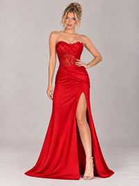Strapless Satin Prom Dress with Sheer Lace Corset & High Slit