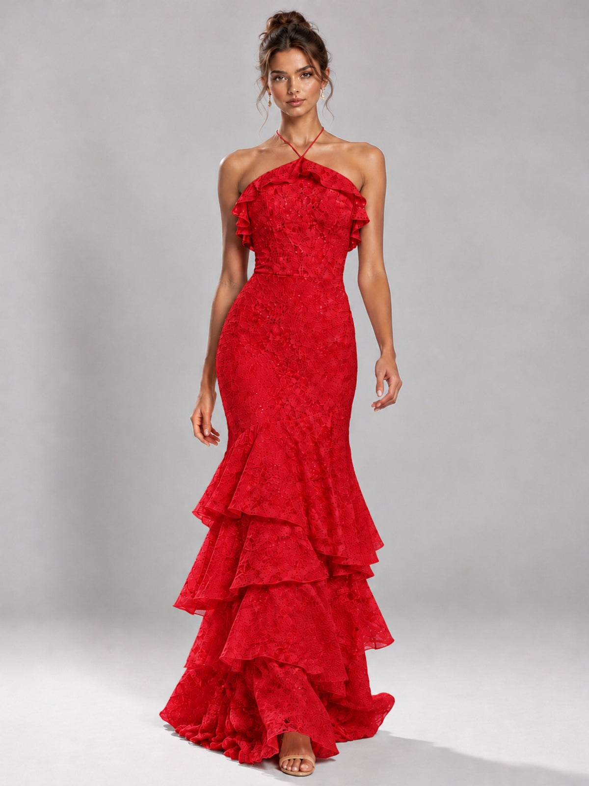 Halter Tiered Mermaid Prom Dress with Sparkly Lace